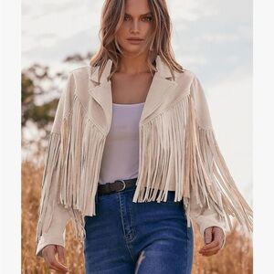 Women's Fringe Faux Suede Leather Cropped Jacket Tassel Western Cream Small Med